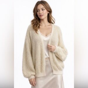 Anthropologie Eyelash Sparkle Cardigan Cream Fuzzy Shimmer Cozy Sweater OS